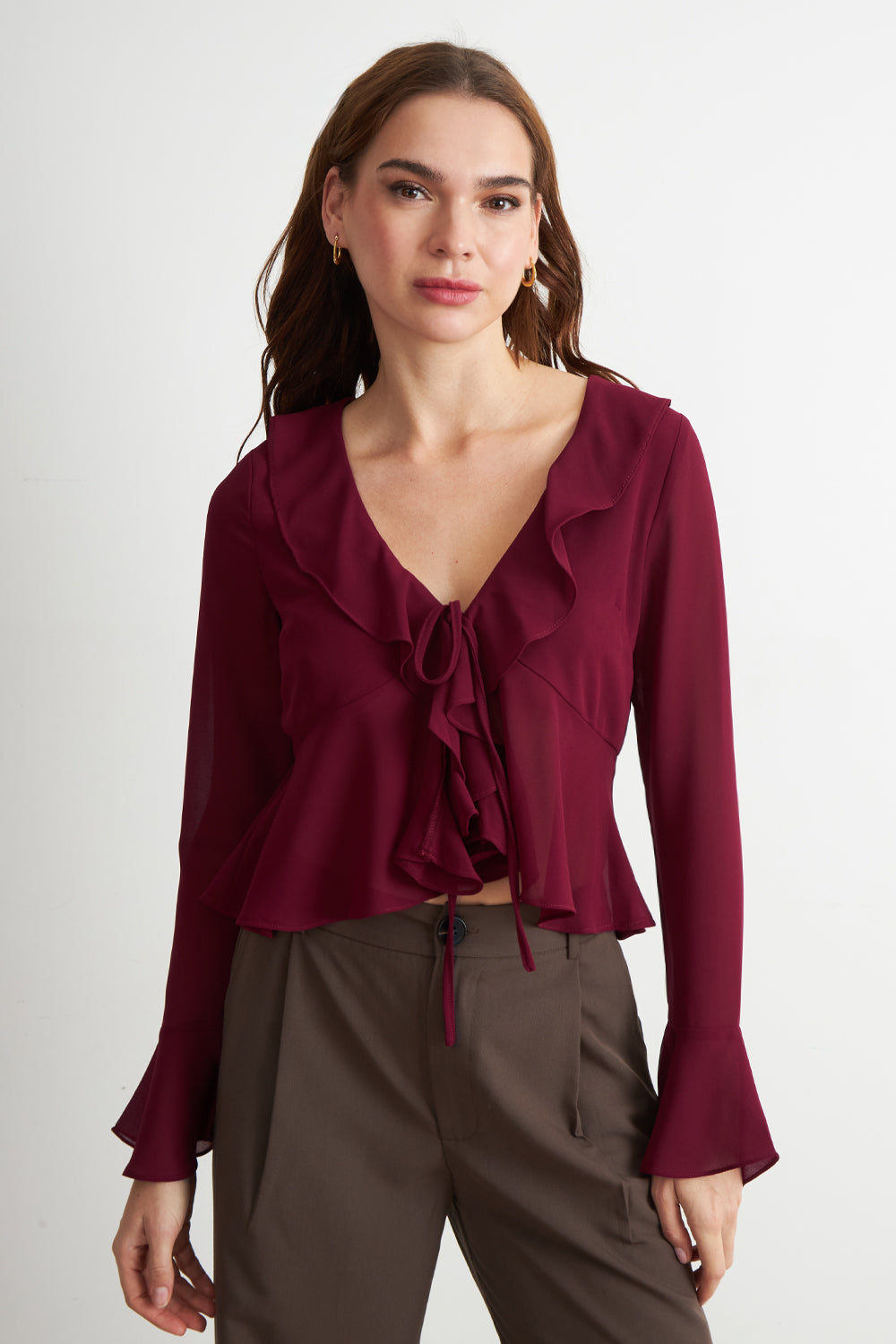 Blusa Vuelos Manga Larga Burdeo