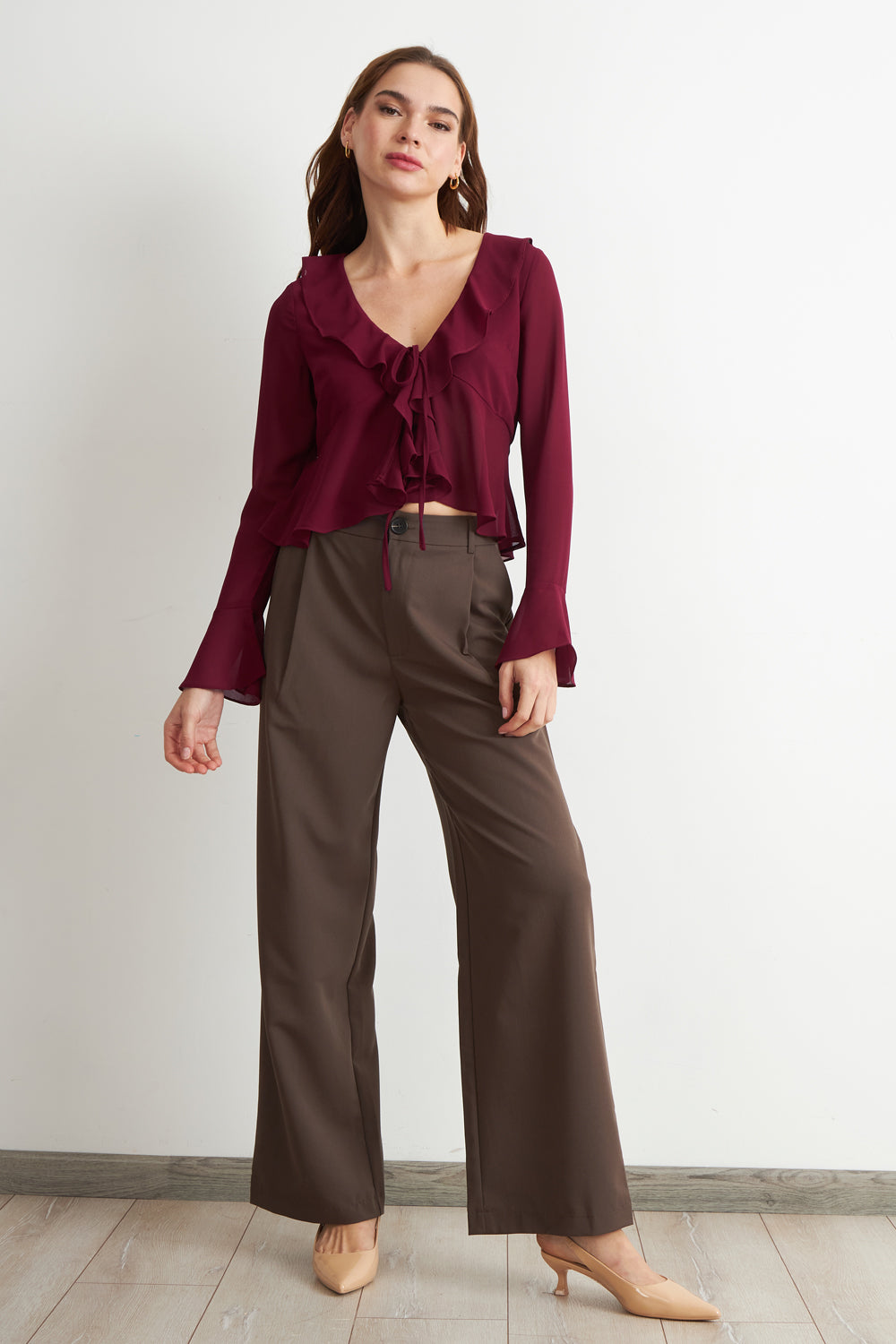 Blusa Vuelos Manga Larga Burdeo