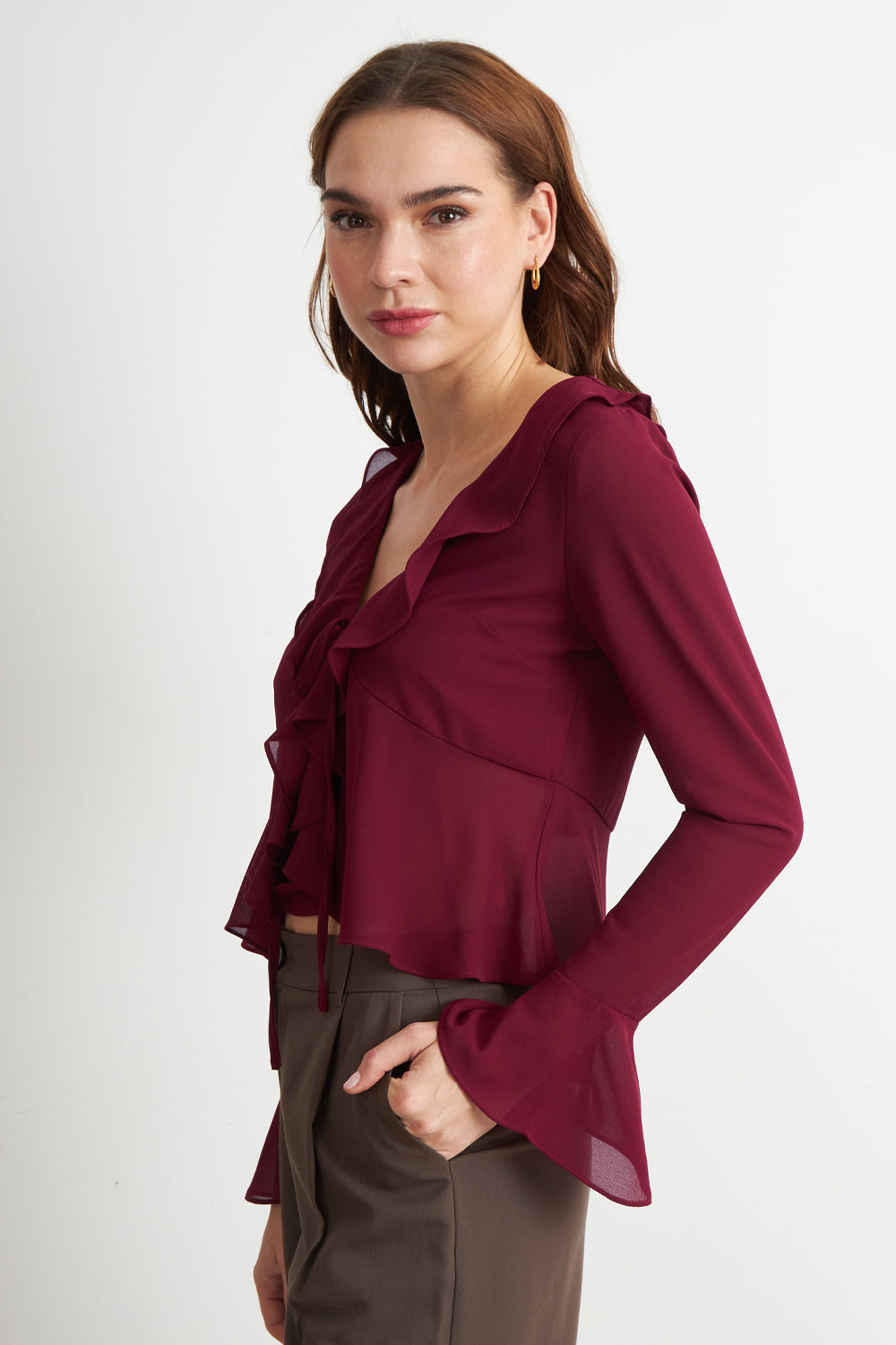 Blusa Vuelos Manga Larga Burdeo