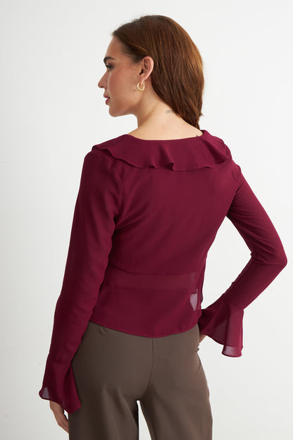 Blusa Vuelos Manga Larga Burdeo