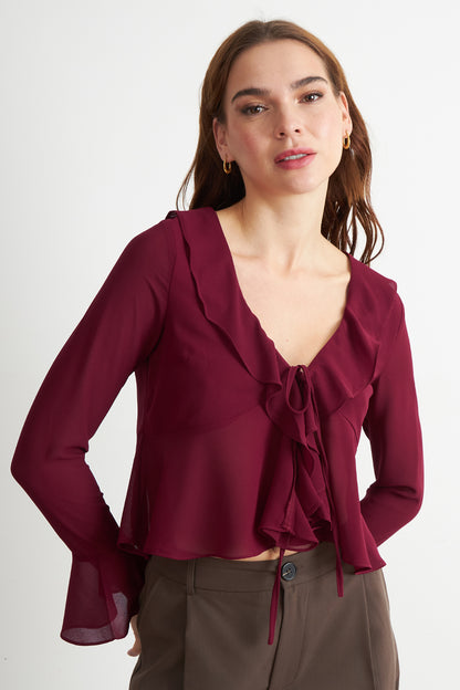 Blusa Vuelos Manga Larga Burdeo