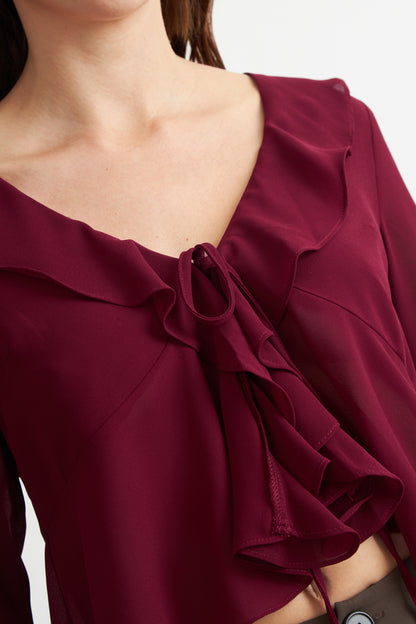 Blusa Vuelos Manga Larga Burdeo