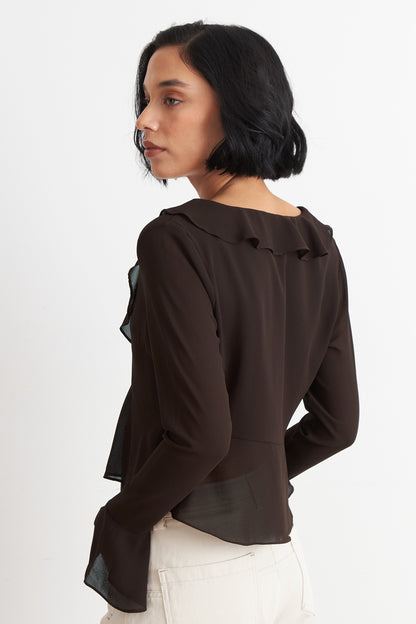 Blusa Vuelos Manga Larga Café