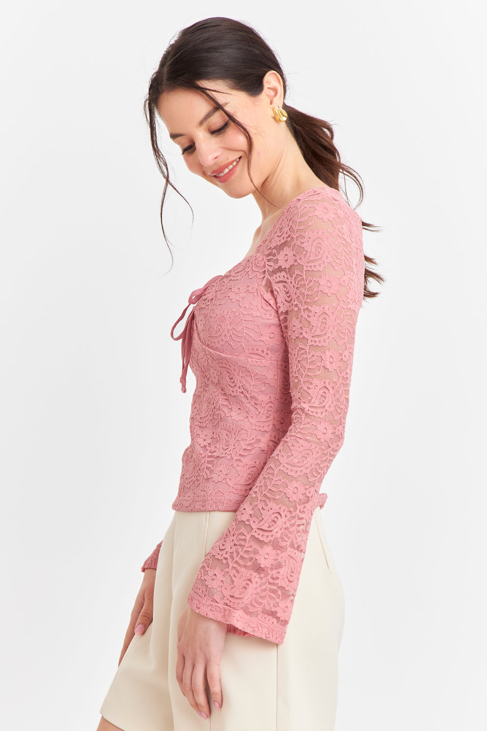 Polera Encaje Escote Nudo Rosado