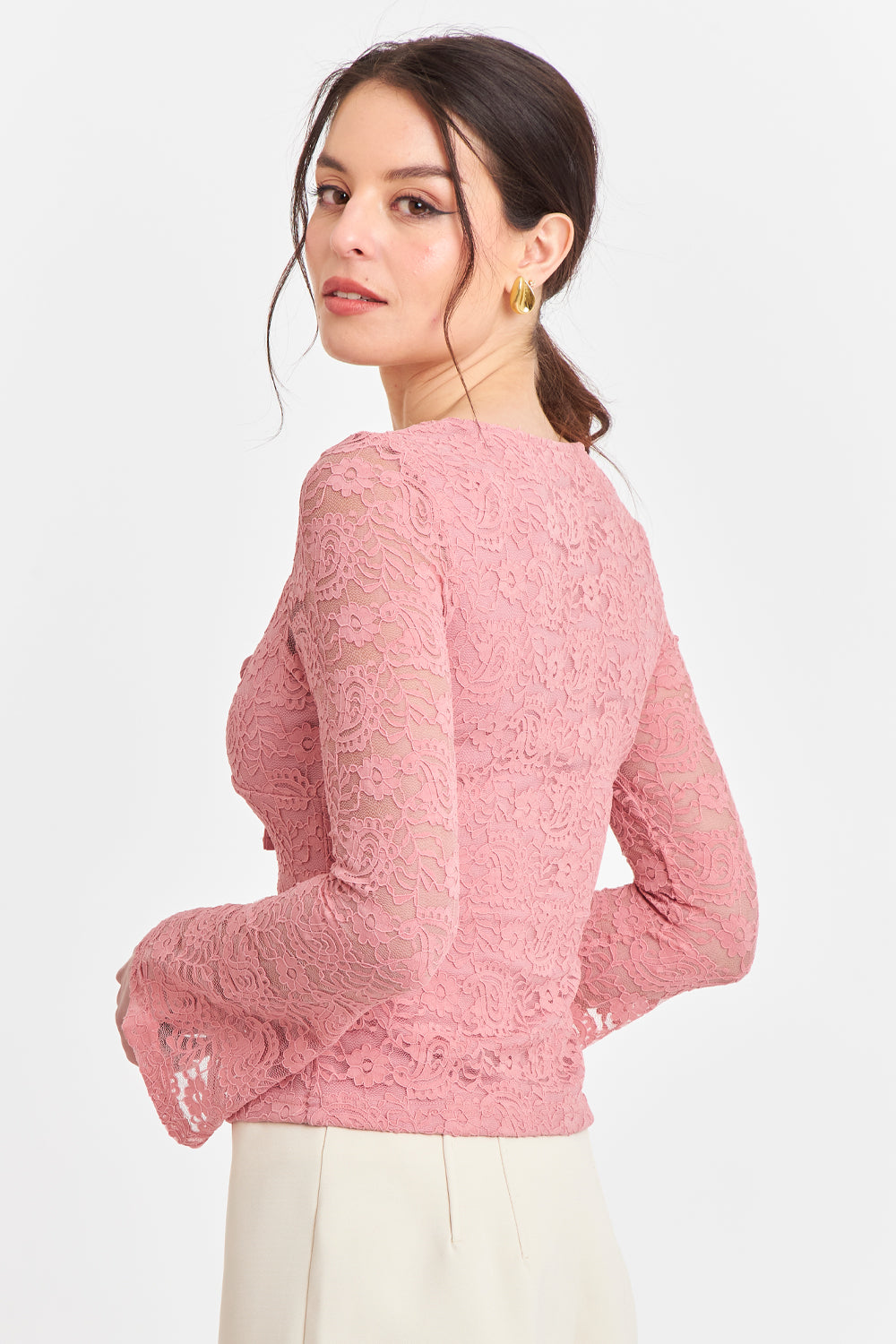 Polera Encaje Escote Nudo Rosado