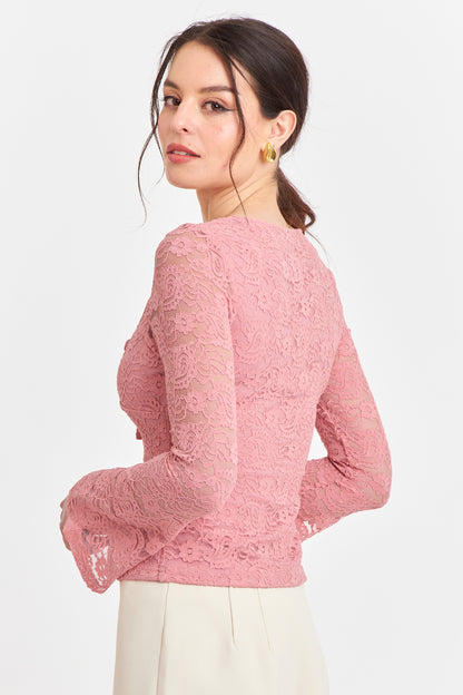 Polera Encaje Escote Nudo Rosado