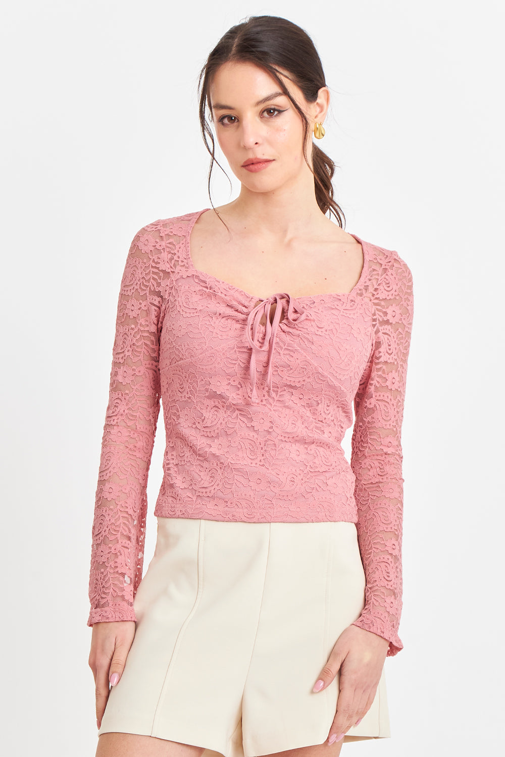 Polera Encaje Escote Nudo Rosado