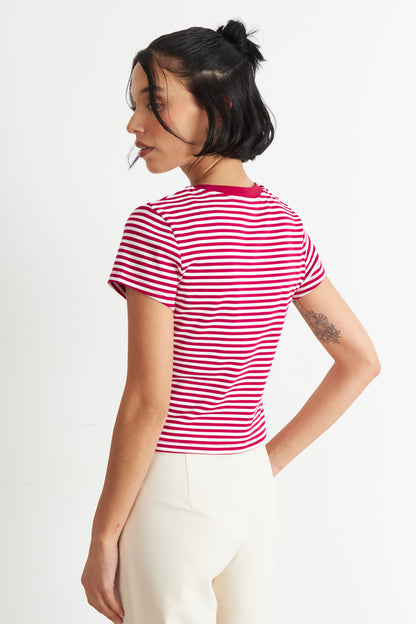Polera Básica Cuello Redondo Líneas Rojo