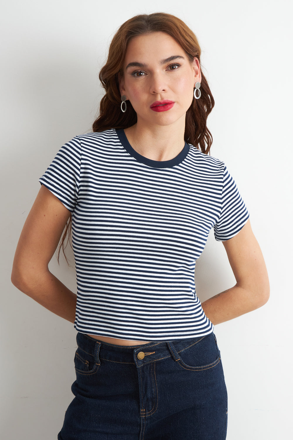 Polera Básica Cuello Redondo Líneas Azul Marino