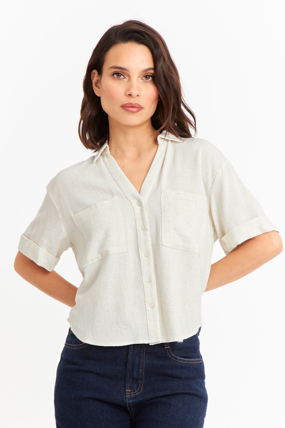 Camisa Básica Tipo Lino Beige