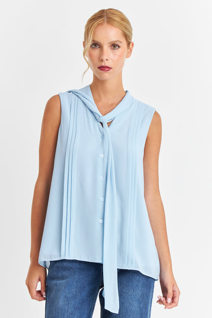 Blusa Cuello Tipo Corbata Celeste