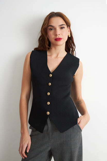 Gilet Largo con Botones Negro