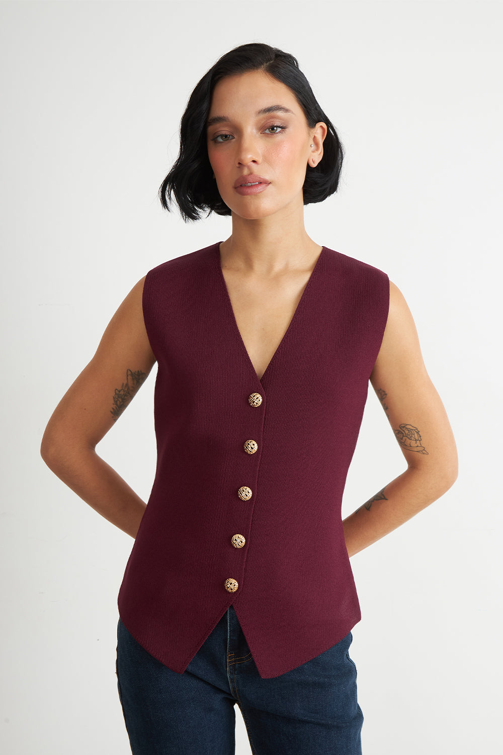 Gilet Largo con Botones Burdeo