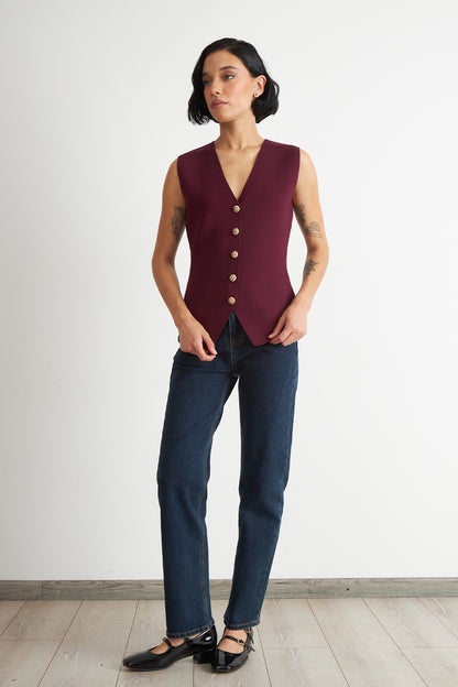 Gilet Largo con Botones Burdeo