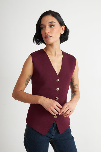 Gilet Largo con Botones Burdeo