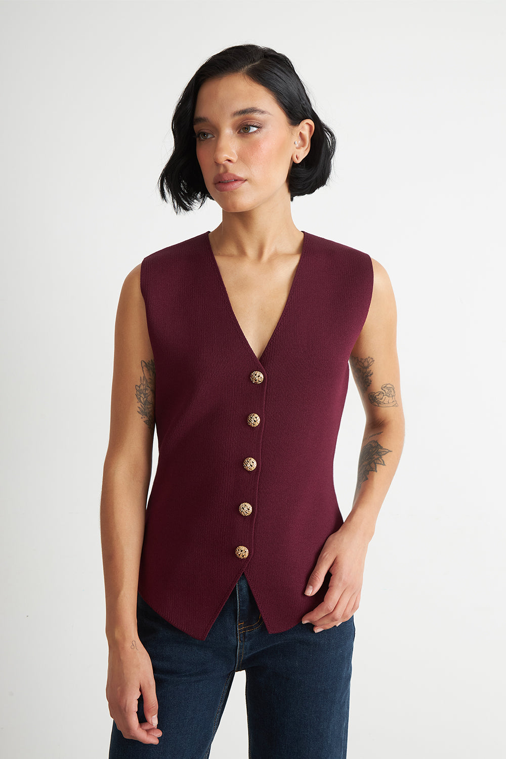 Gilet Largo con Botones Burdeo