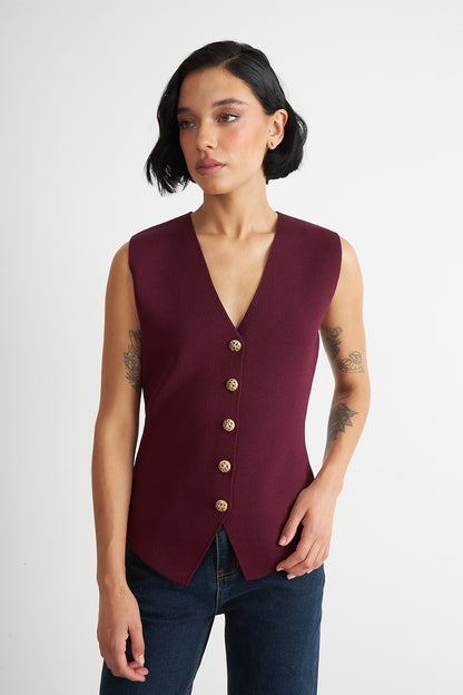 Gilet Largo con Botones Burdeo