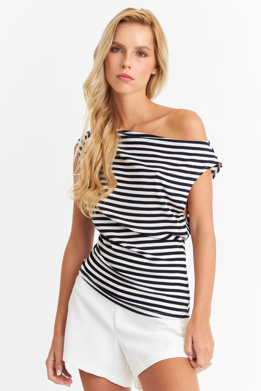 Polera Rayas Cuello Bote Blanco