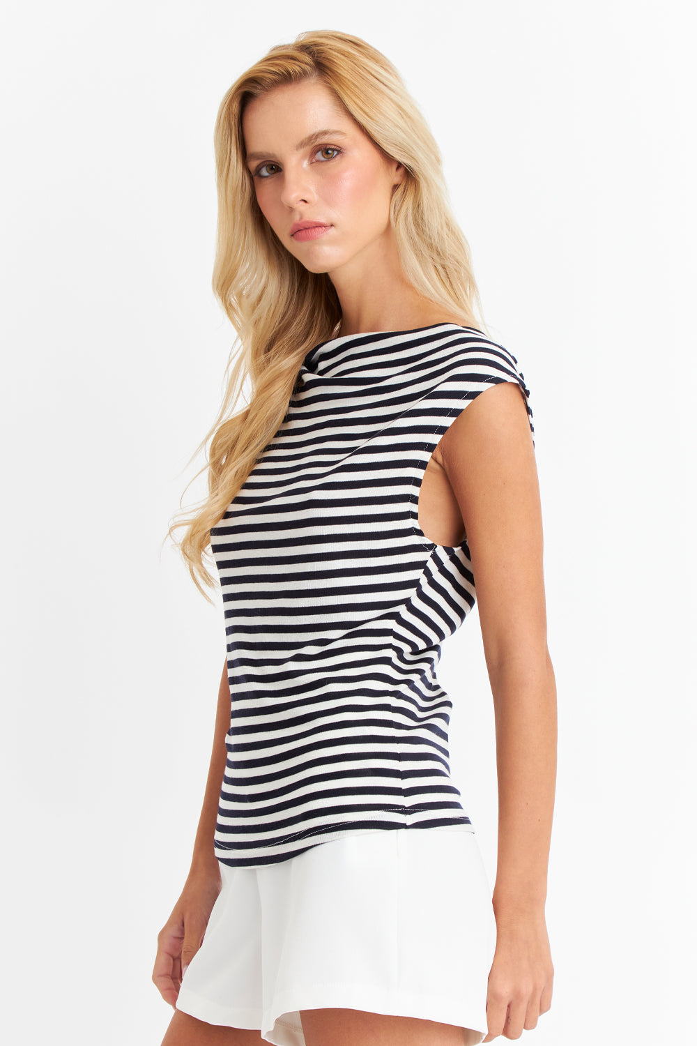 Polera Rayas Cuello Bote Blanco