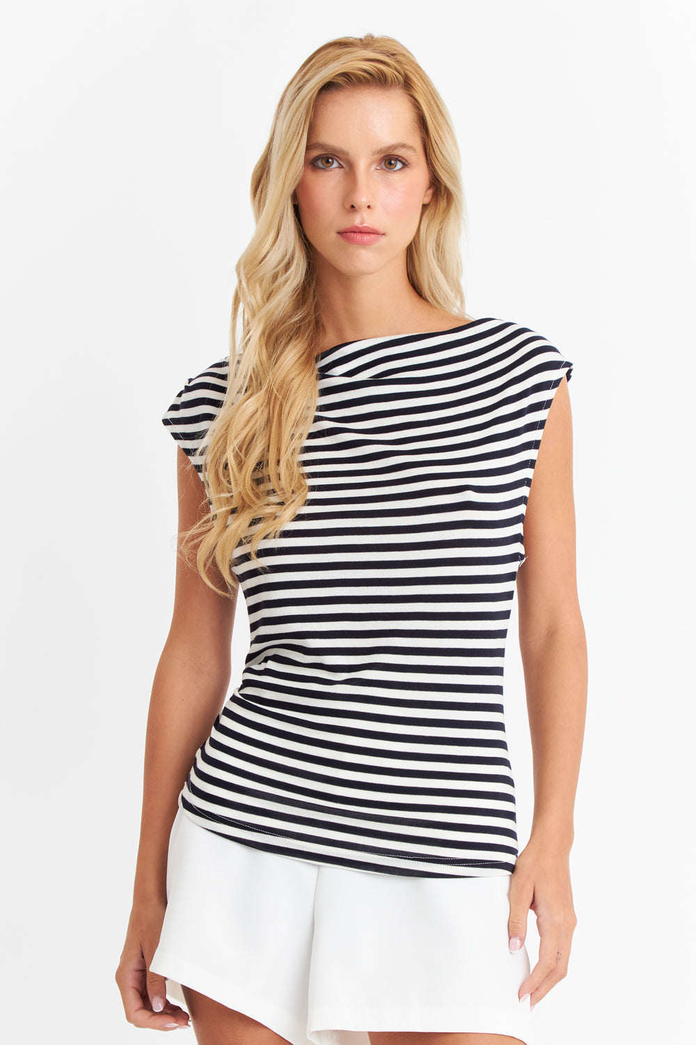 Polera Rayas Cuello Bote Blanco