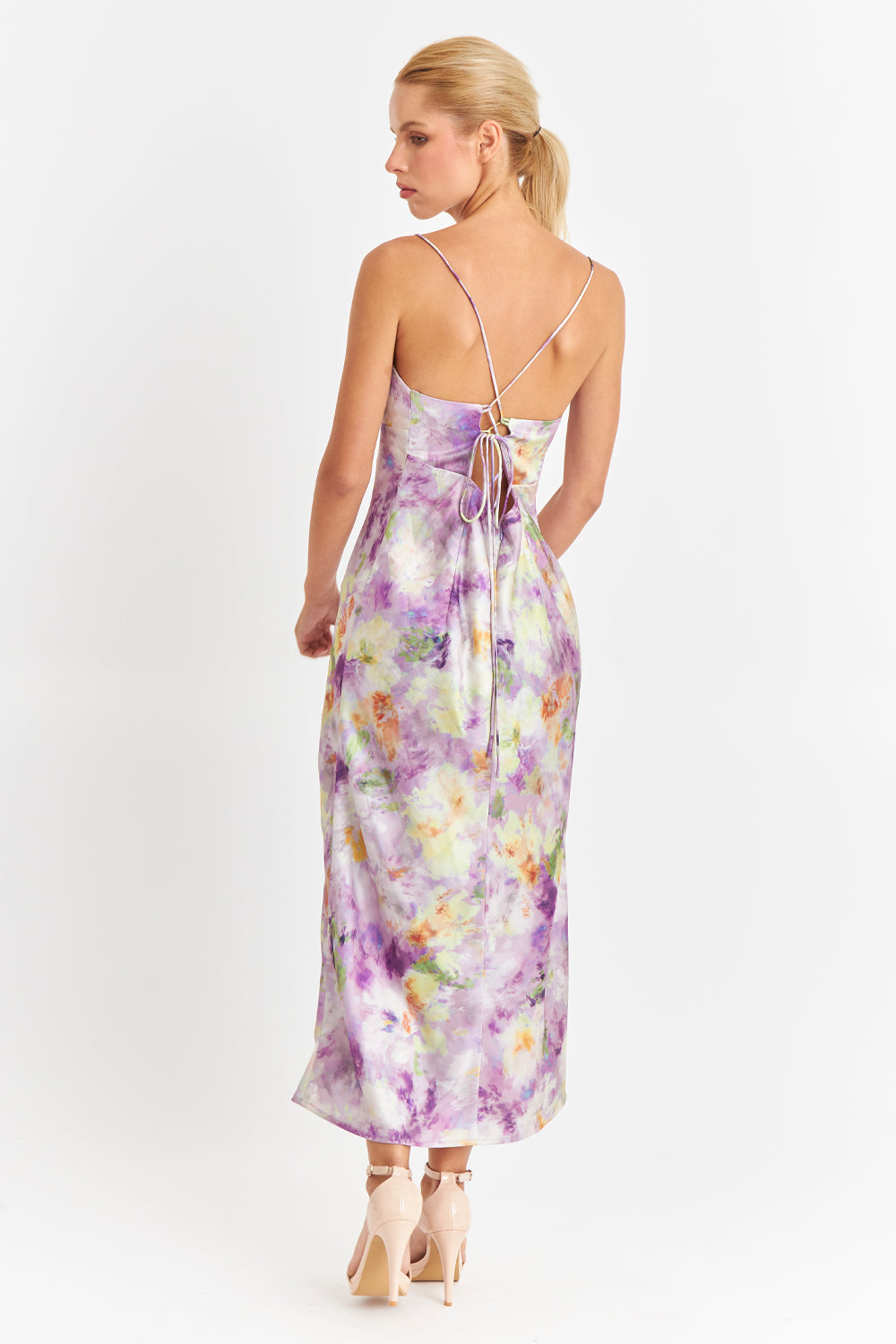 Vestido Satinado Escote Fruncido Lila