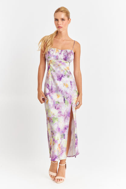 Vestido Satinado Escote Fruncido Lila