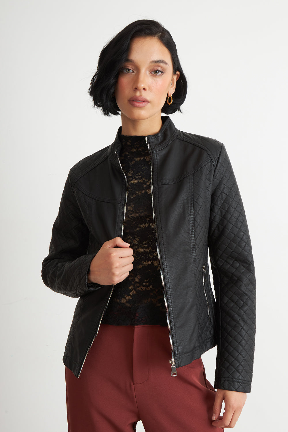 Chaqueta Ecocuero Acolchado Cuello Mao Negro