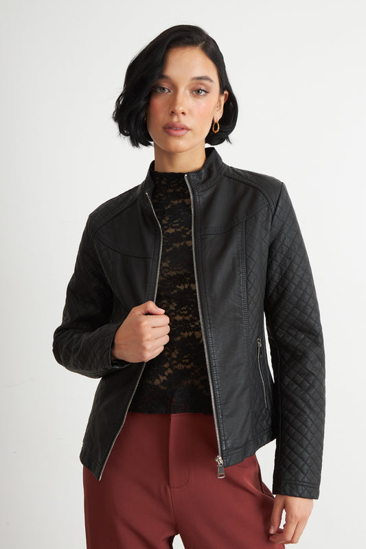 Chaqueta Ecocuero Acolchado Cuello Mao Negro