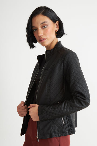 Chaqueta Ecocuero Acolchado Cuello Mao Negro