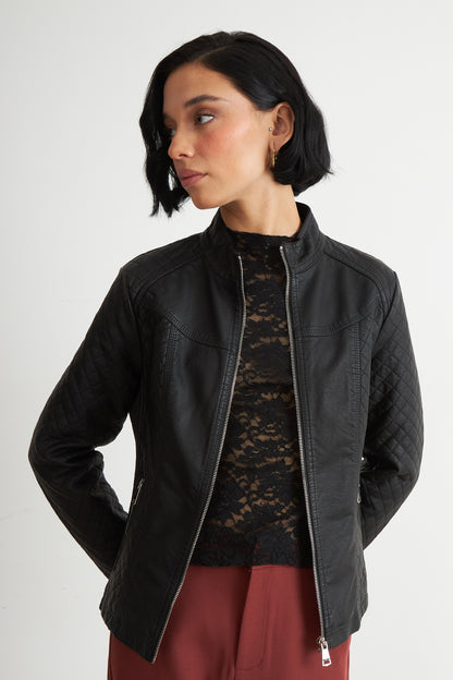 Chaqueta Ecocuero Acolchado Cuello Mao Negro