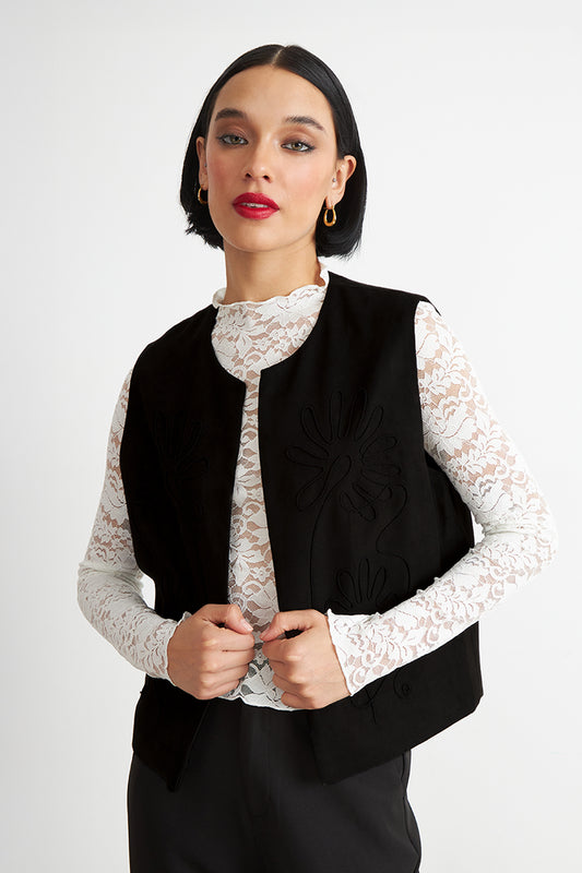Vest Tipo Gamuza Bordado Negro