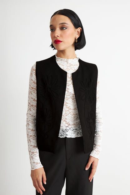 Vest Tipo Gamuza Bordado Negro