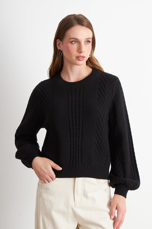 Sweater Trenzado Cuello Redondo Negro
