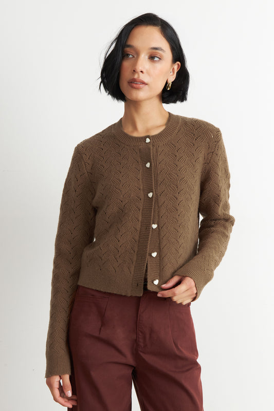 Cárdigan Calado Cuello Redondo Café