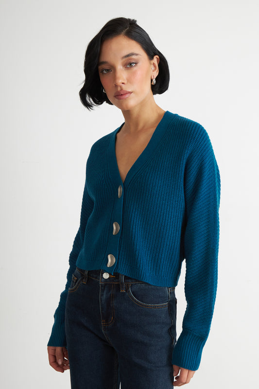 Cárdigan Cuello V con 3 Botones Verde Azulado
