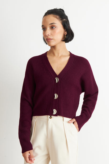 Cárdigan Cuello V con 3 Botones Burdeo