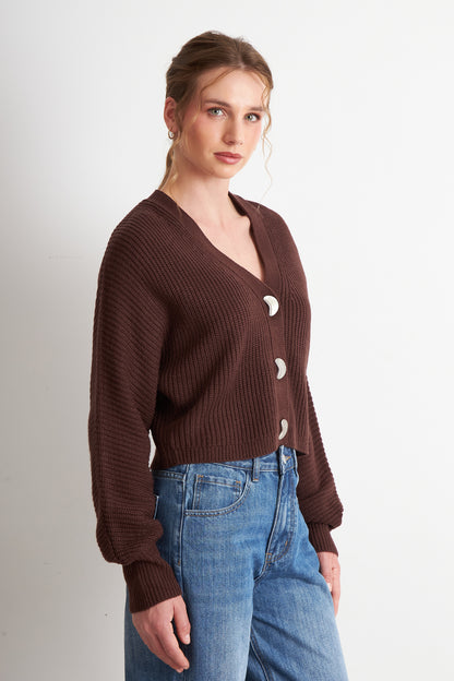 Cárdigan Cuello V con 3 Botones Café