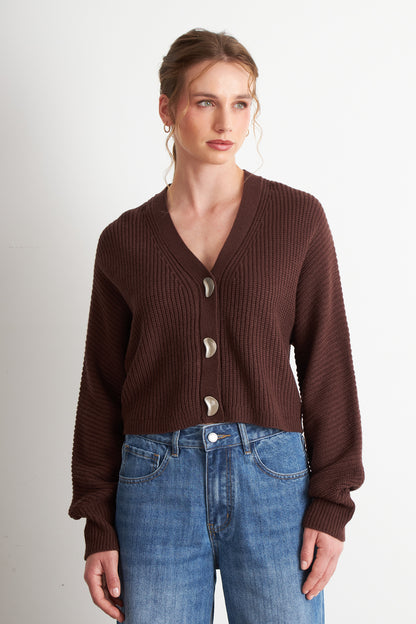 Cárdigan Cuello V con 3 Botones Café