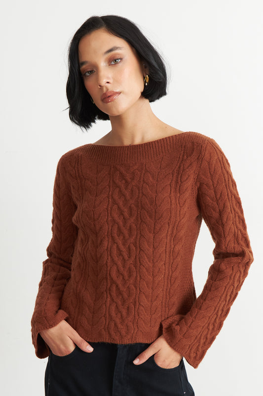 Sweater con Patrón Trenzado Mocca