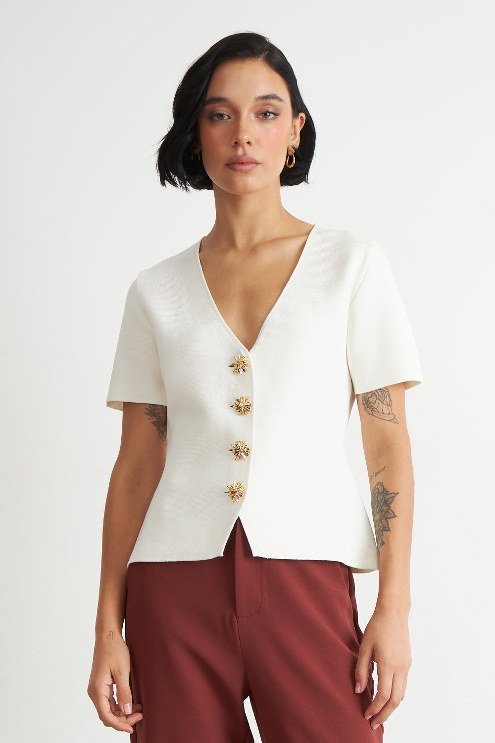 Polera Hilo Cuello V Botones Blanco