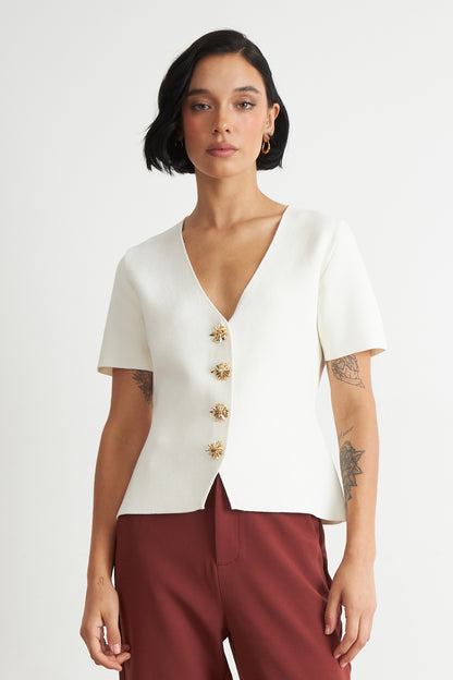 Polera Hilo Cuello V Botones Blanco