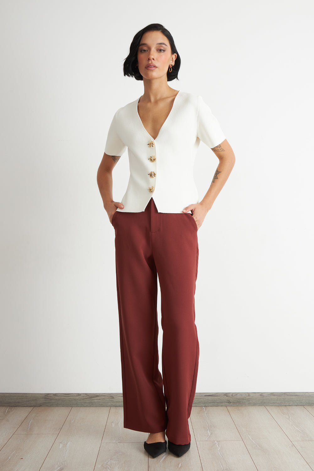 Polera Hilo Cuello V Botones Blanco