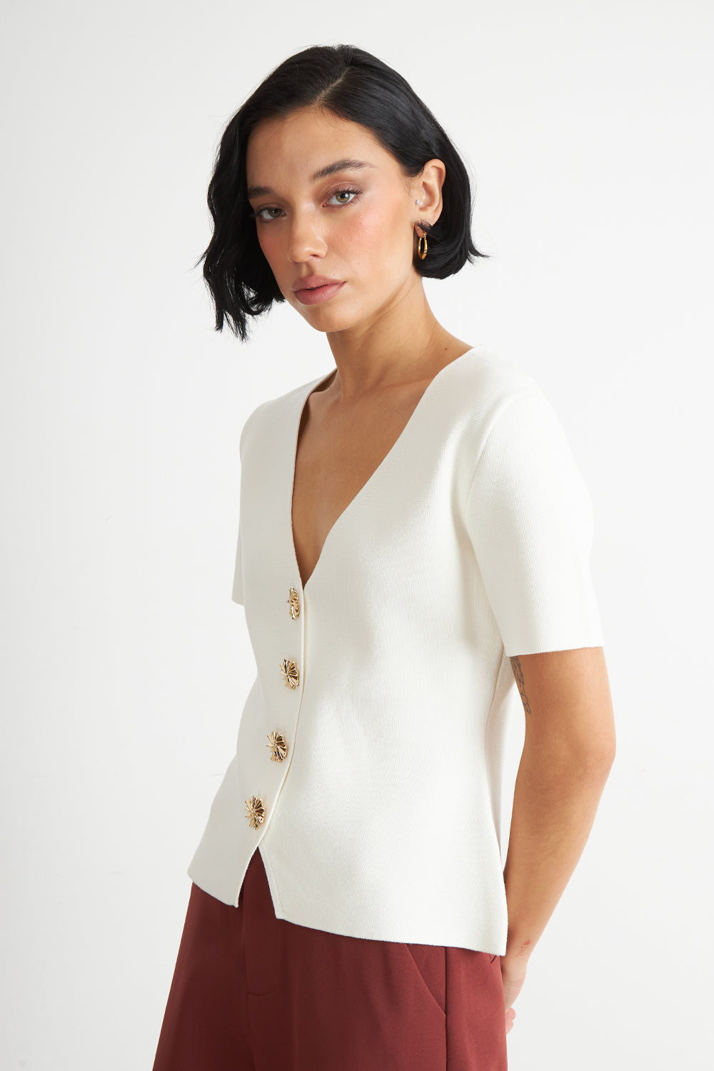 Polera Hilo Cuello V Botones Blanco