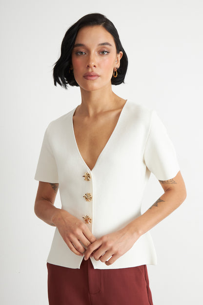 Polera Hilo Cuello V Botones Blanco