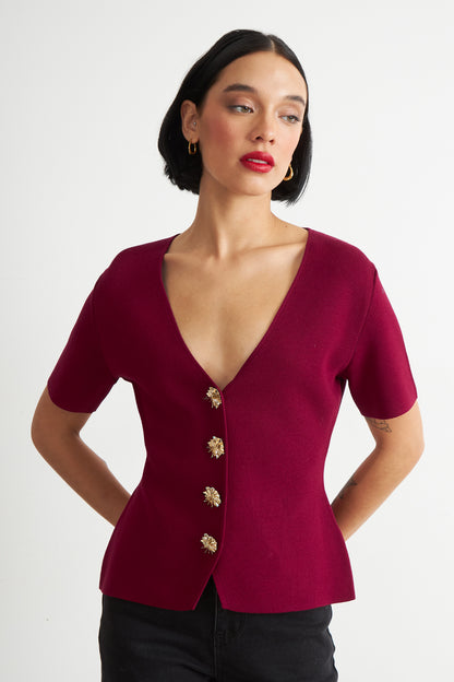 Polera Hilo Cuello V Botones Burdeo