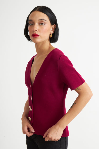 Polera Hilo Cuello V Botones Burdeo