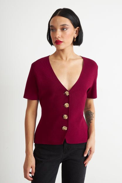 Polera Hilo Cuello V Botones Burdeo