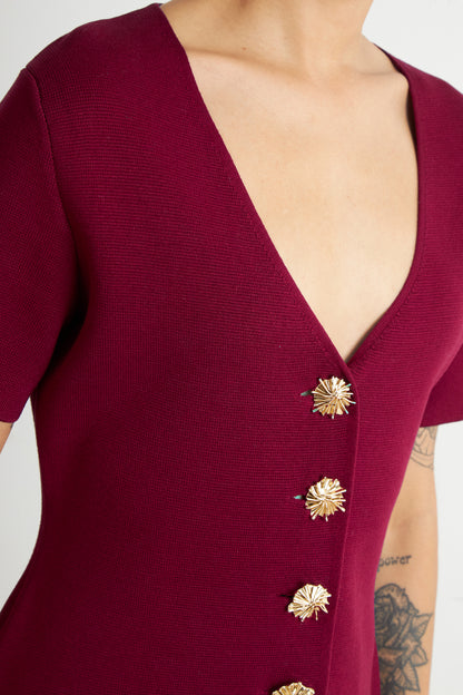 Polera Hilo Cuello V Botones Burdeo