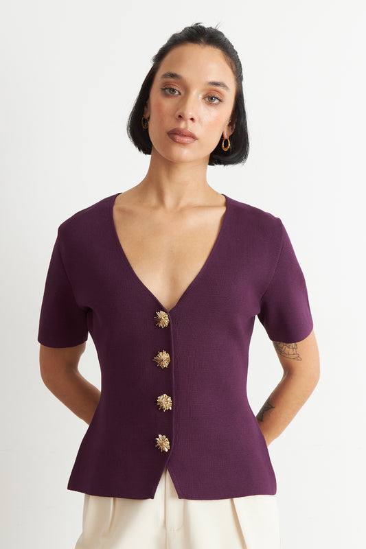 Polera Hilo Cuello V Botones Morado