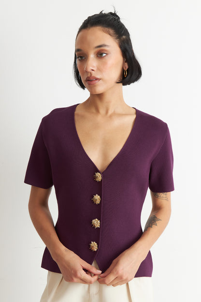 Polera Hilo Cuello V Botones Morado